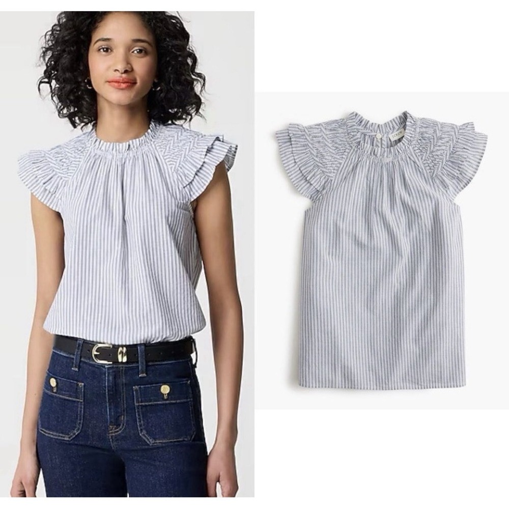 J.Crew Flutter-Sleeve‎ Top Blouse White Gray Striped Ruffle NeckPeasant Spring M